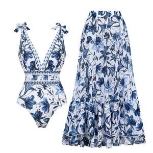 Flaxmaker V Neck Lace Up Printed One Piece Swimsuit And Skirt - L - Blue